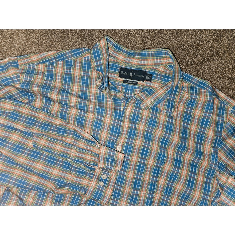 Ralph Lauren Shirt Men's 17.5 32/33‎  XL Blue/Orange Plaid Button Dress Top Nice